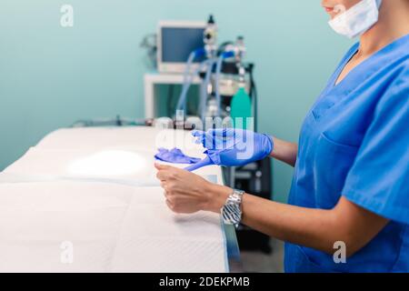 Medico che indossa guanti chirurgici in sala operatoria Foto Stock