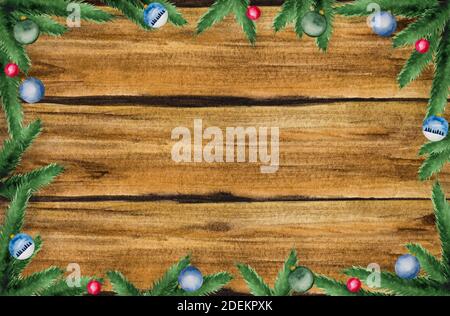 Decorazioni natalizie luminose su una superficie in legno testurizzato Foto Stock