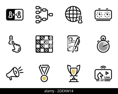 Set di icone vettoriali nere, isolate su sfondo bianco. Illustrazione su un torneo di scacchi tema Illustrazione Vettoriale