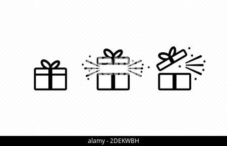 Set di icone di confezioni regalo. Concetto di festa e celebrazione. Articoli per sorpresa e compleanno, regalo, regalo, nastro, scatole piccole e grandi. Vettore su trasp. Isolato Illustrazione Vettoriale