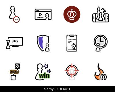 Set di icone vettoriali nere, isolate su sfondo bianco. Illustrazione su un gioco di scacchi a tema Illustrazione Vettoriale