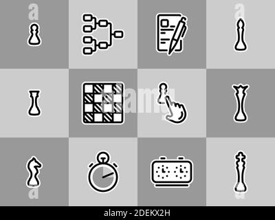 Set di icone vettoriali nere, isolate su sfondo bianco. Illustrazione su un tema gli elementi principali dei concorsi di scacchi Illustrazione Vettoriale