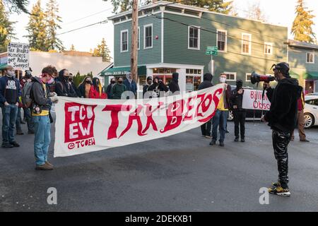 Bellevue, Stati Uniti. 30 novembre 2020. A metà giornata Chris SMALLS parla al Cyber Monday March in Peak Season protesta. Organizzato dal Congresso dei lavoratori essenziali, i manifestanti stanno marciando sulla residenza Jeff Bezos nel quartiere benestante di Medina a Bellevue. Il fondatore di TCOEW Chris SMALLS che guida il gruppo è un ex lavoratore Amazon attivato attivista, sta lottando per migliorare le condizioni di lavoro presso i magazzini Amazon in tutto il mondo. Credit: James Anderson/Alamy Live News Foto Stock