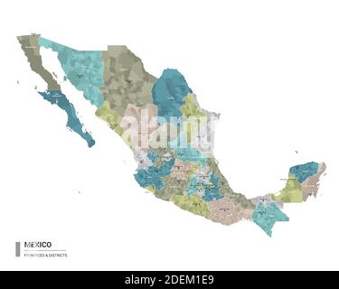 Messico higt mappa dettagliata con suddivisioni. Mappa amministrativa del Messico con il nome di distretti e città, colorata per stati e distretto amministrativo Illustrazione Vettoriale