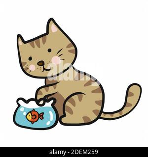 Tabby gatto giocare con pesce in fishbowl cartoon illustrazione vettoriale Illustrazione Vettoriale