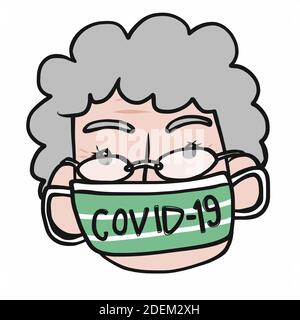 Vecchia donna viso indossare maschera igienica proteggere Covid-19 vettore cartoon illustrazione Illustrazione Vettoriale