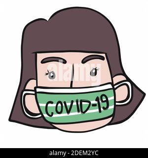 Giovane donna viso indossare maschera igienica proteggere Covid-19 vettore cartoon illustrazione Illustrazione Vettoriale