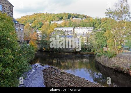 Confluenza di Hebden Water e fiume Calder, Hebden Bridge Foto Stock