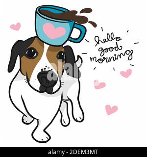 Jack Russell cane con caffè mattina tazza cartoon vettore illustrazione Illustrazione Vettoriale