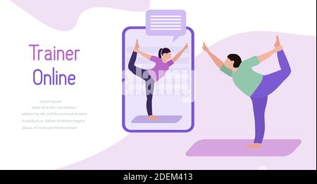 Illustrazione vettoriale addestramento con un addestratore in linea addestramento di idoneità di sport A casa attività sportive online sano stile di vita attivo Yoga per tutti Illustrazione Vettoriale