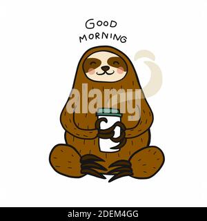 Sloth Buongiorno con caffè caldo tazza cartoon illustrazione vettore Illustrazione Vettoriale