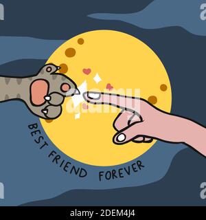 Zampa di gatto e dito umano di fronte alla luna piena cartone animato, migliore amico per sempre vettore illustrazione Illustrazione Vettoriale