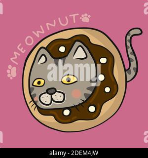 Meownut, Tabby gatto dentro donut cartoon illustrazione vettoriale Illustrazione Vettoriale