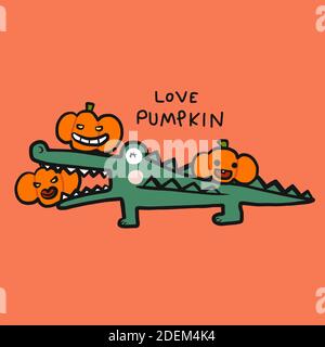 Coccodrillo amore zucca, felice Halloween cartone animato Illustrazione Vettoriale