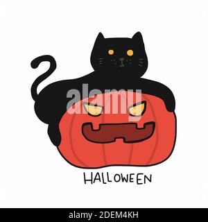 Gatto nero e mostro di zucca Halloween cartoon illustrazione vettoriale Illustrazione Vettoriale