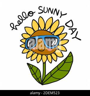 Ciao giornata di sole, Girasole indossare occhiali da sole cartoon vettore illustrazione Illustrazione Vettoriale