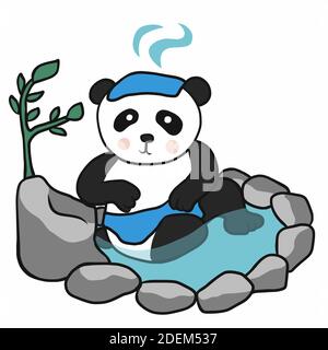 Doccia Panda in giapponese onsen (sorgente calda) cartoon illustrazione vettoriale Illustrazione Vettoriale