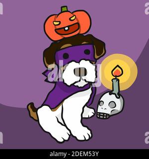 Terrier cane Halloween zucca e cranio candela cartoon illustrazione vettoriale Illustrazione Vettoriale