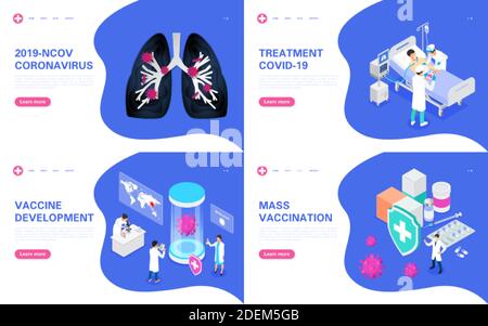 Set di banner Concept Covid-19. Pandemia di coronavirus, trattamento, sviluppo e creazione di un vaccino. Illustrazione vettoriale. Illustrazione Vettoriale