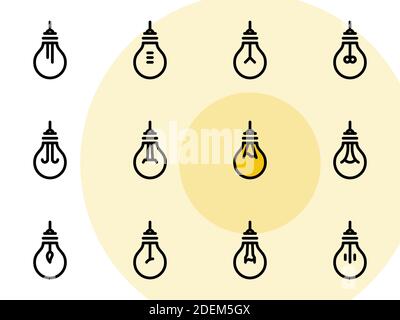 Set di icone vettoriali nere, isolate su sfondo bianco. Illustrazione su un tema lampadina Illustrazione Vettoriale