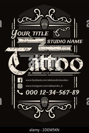 Modello poster vintage Tattoo studio su sfondo nero. Illustrazione Vettoriale