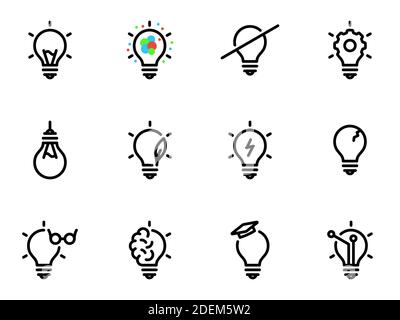 Set di icone vettoriali nere, isolate su sfondo bianco. Illustrazione su un tema lampadina Illustrazione Vettoriale
