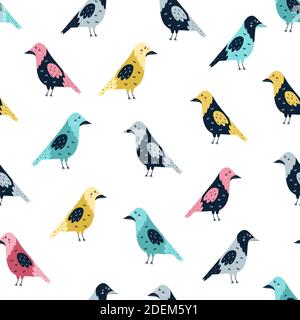 Motivo senza cuciture con corvi divertenti. Sfondo della foresta con gli uccelli carini Illustrazione Vettoriale