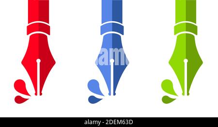Una serie di penne stilografiche colorate. Icone della penna stilografica rossa, blu e verde. Illustrazione vettoriale. Stile piatto Illustrazione Vettoriale