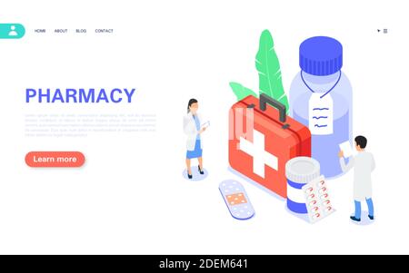 Banner di concetto di farmacia. Acquistare medicinali online. Il farmacista seleziona i medicinali e gli altri prodotti adatti dalla farmacia per l'ordinazione. iso vettore Illustrazione Vettoriale