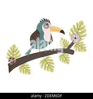 Toucan seduto sul ramo. Carino uccello tropicale elemento isolato Illustrazione Vettoriale