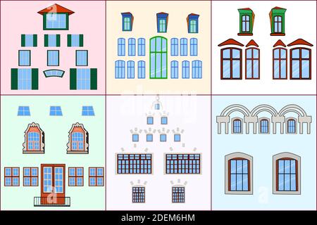 Insieme di finestre diverse isolate su sfondo a colori. Collezione di varie forme finestre colorate. Esterno della casa e degli edifici. Illustrazione vettoriale Illustrazione Vettoriale