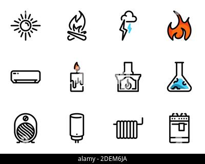 Set di icone vettoriali nere, isolate su sfondo bianco. Illustrazione su una fonte di calore tema Illustrazione Vettoriale
