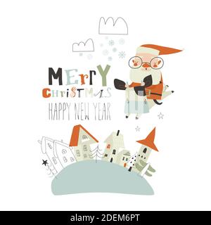 Felice Babbo Natale cavalcare toro sopra la piccola città Illustrazione Vettoriale