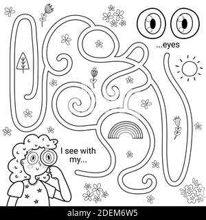 Cinque sensi labirinto gioco per i bambini. Posso vedere con i miei occhi nero e bianco labirinto attività pagina Illustrazione Vettoriale
