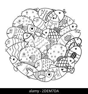 Pagina di colorazione forma circolare con pesce carino. SEA LIFE Animali stampa in bianco e nero Illustrazione Vettoriale