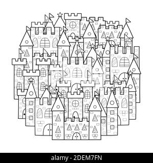 Pagina da colorare forma circolare con graziosi castelli. Magic piccolo regno doodle mandala Illustrazione Vettoriale