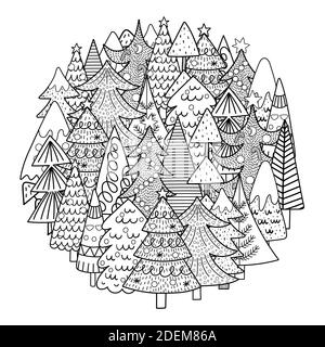 Alberi di Natale modello di forma circolare per libro da colorare. Stampa in bianco e nero Illustrazione Vettoriale