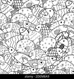 Doodle pesce bianco e nero motivo senza giunture. Pagina di colorazione vita marina Illustrazione Vettoriale