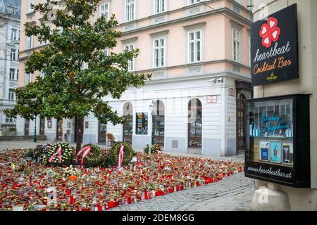 Fiori e candele al memoriale dell'attentato terroristico di Vienna del 2020, Vienna Austria Foto Stock