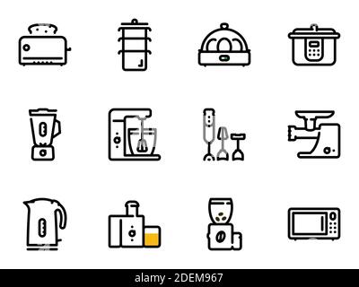 Set di icone vettoriali nere, isolate su sfondo bianco. Illustrazione su un tema elettrodomestici da cucina Illustrazione Vettoriale
