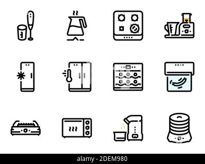 Set di icone vettoriali nere, isolate su sfondo bianco. Illustrazione su un tema elettrodomestici da cucina Illustrazione Vettoriale