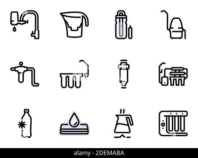 Set di icone vettoriali nere, isolate su sfondo bianco. Illustrazione su un tema metodi di purificazione dell'acqua, tipi di filtri Illustrazione Vettoriale