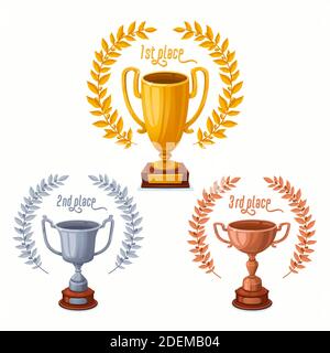 Coppe trofeo oro, argento e bronzo con corone d'alloro. Coppe premio Trofeo con diverse forme - 1°, 2° e 3° classificato trofei vincitori. Carto Illustrazione Vettoriale