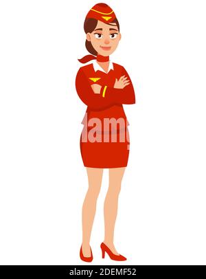 Stewardess con le braccia incrociate. Carattere femminile in stile cartoon. Illustrazione Vettoriale