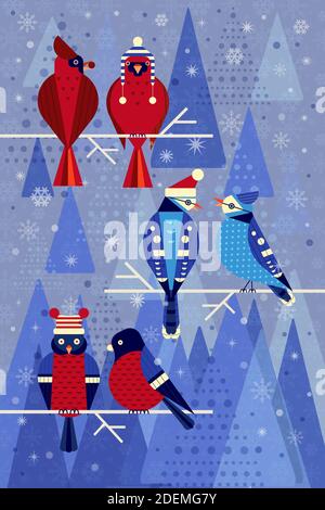 Cortile Inverno Flat Birds in cappelli divertenti Illustrazione Vettoriale
