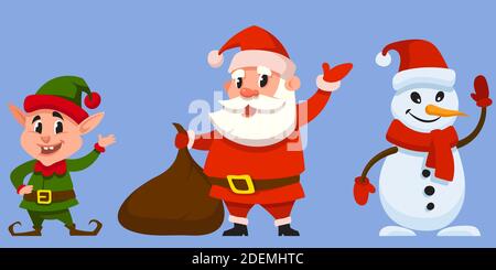 Personaggi natalizi che sventolano le mani. Babbo Natale, elfo e pupazzo di neve in stile cartoon. Illustrazione Vettoriale