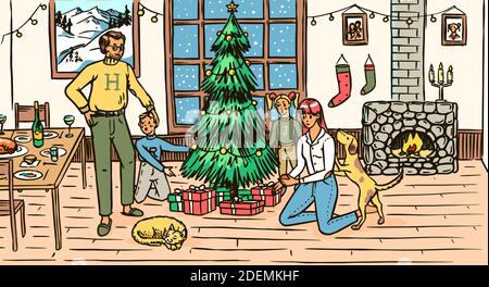 La famiglia sta decorando l'albero per Natale. Mamma papà cane gatto e bambini alla finestra con un camino a casa. Atmosfera accogliente. Concetto invernale Illustrazione Vettoriale
