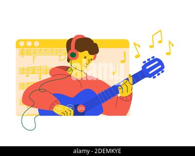 Concerto online. L'uomo suona la chitarra in streaming sui social network. I musicisti si esibiscono in quarantena. Imparare a suonare la chitarra tramite videochiamata Illustrazione Vettoriale