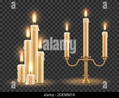 Set candele e candele brucianti, illustrazione vettoriale isolata su sfondo trasparente. Illustrazione Vettoriale