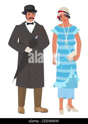 Coppia vittoriana signora e gentiluomo, flat vettore illustrazione. Uomo e donna inglese che indossano eleganti abiti vintage. Illustrazione Vettoriale